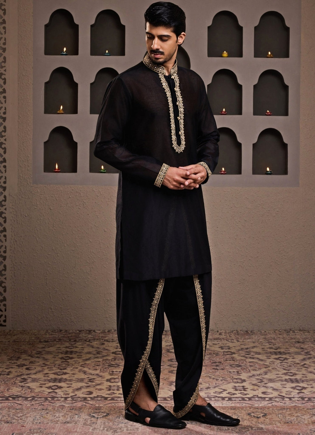 Black Embroidered Chanderi Kurta Dhoti Set Nitika Gujral - Men - Fabilicious Fashion