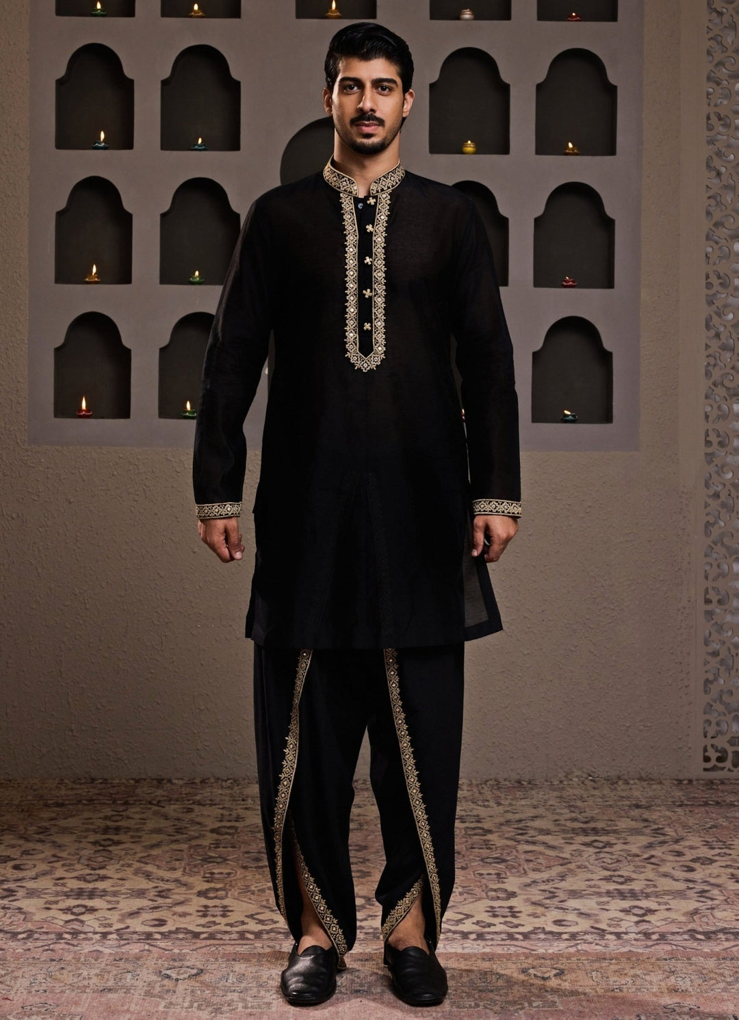 Black Embroidered Chanderi Kurta Dhoti Set Nitika Gujral - Men - Fabilicious Fashion