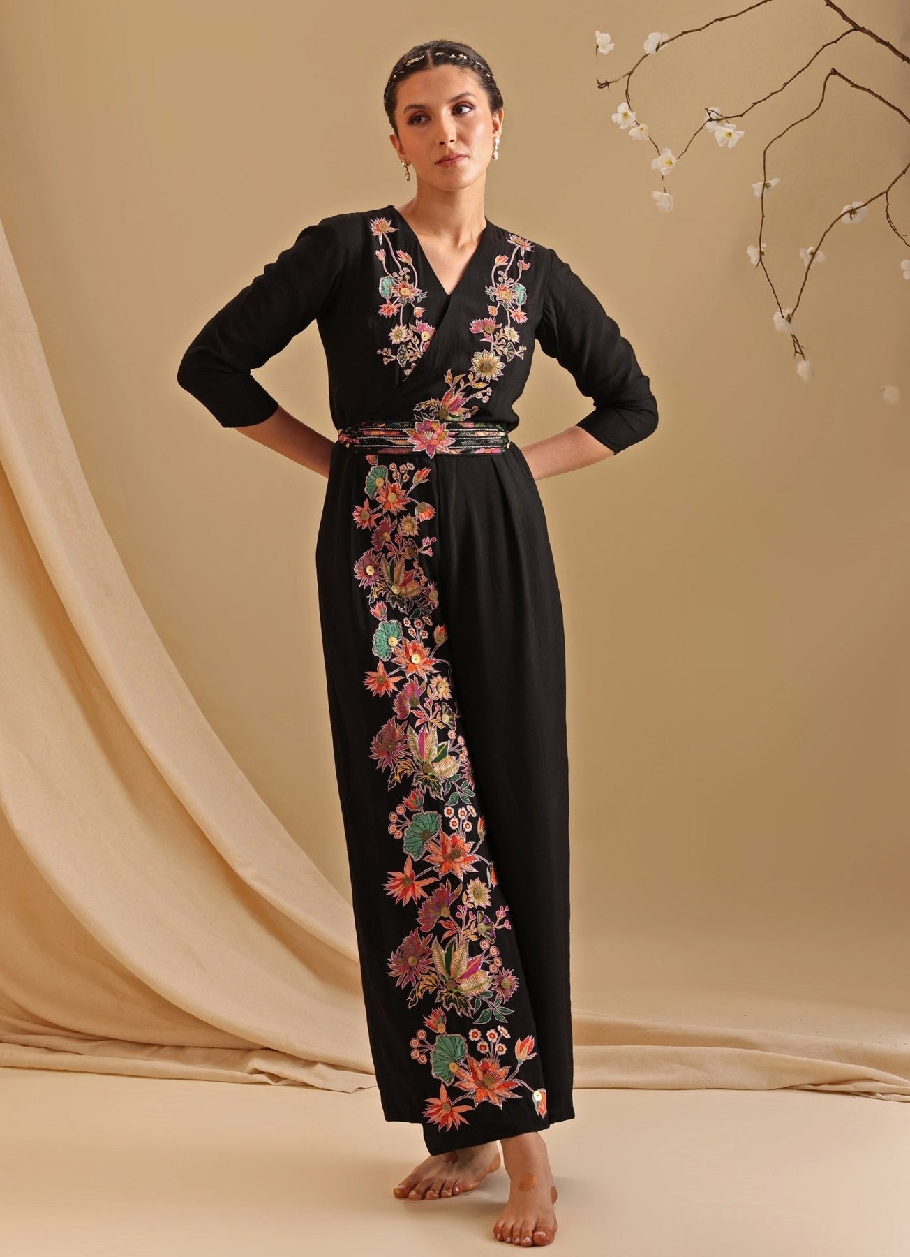 Black Embroidered Chanderi Overlap Jumpsuit With Belt