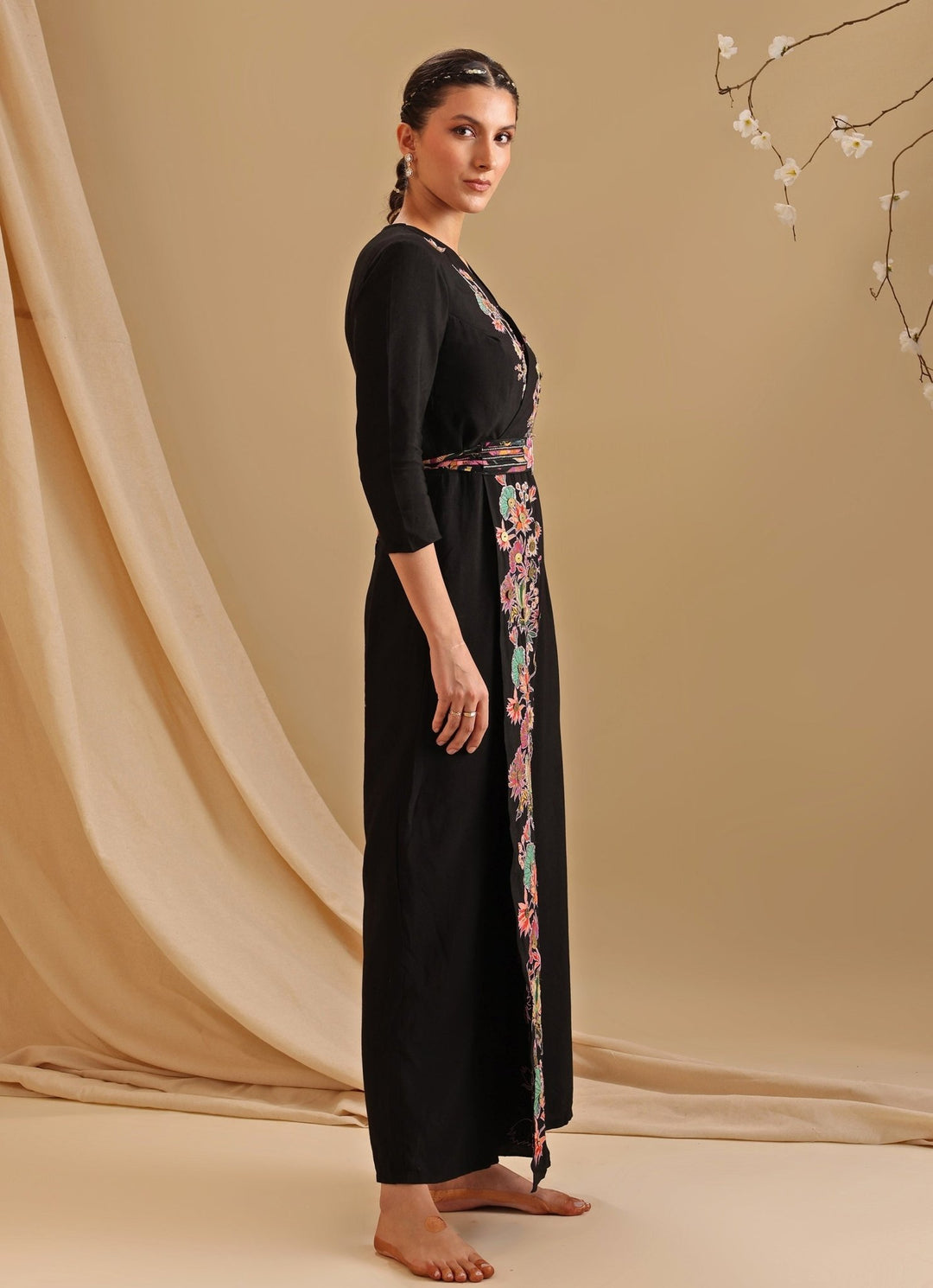 Black Embroidered Chanderi Overlap Jumpsuit With Belt Soup By Sougat Paul - Fabilicious Fashion