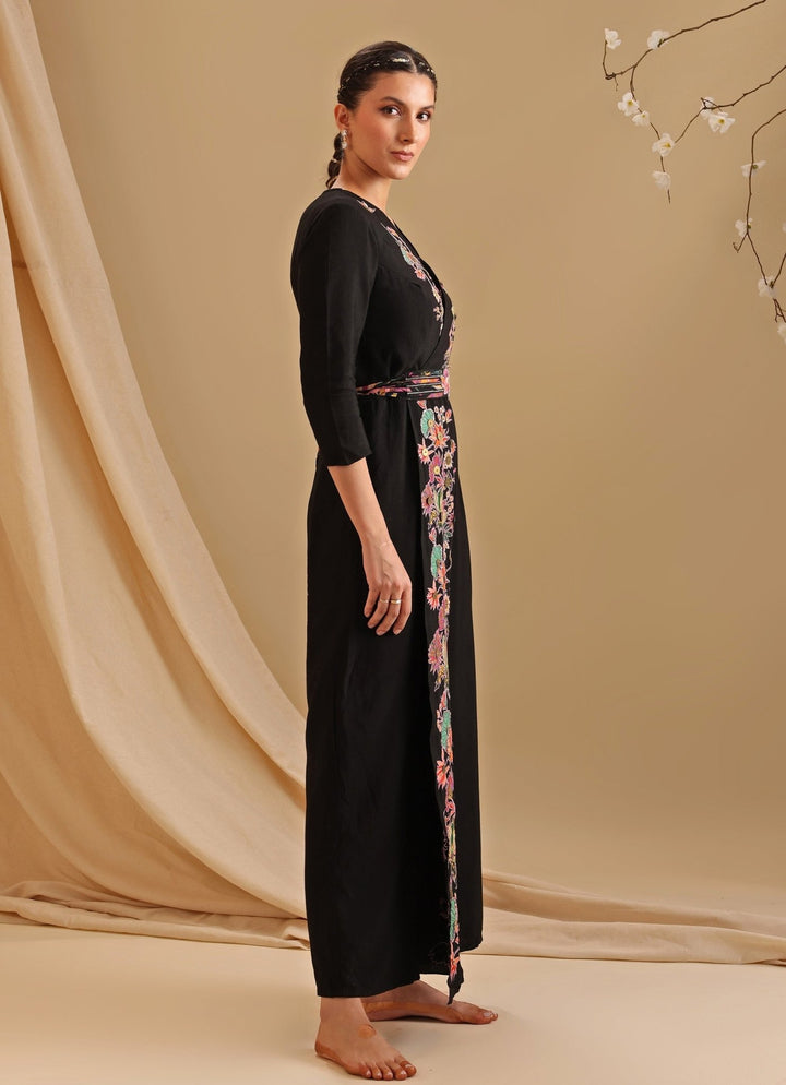 Black Embroidered Chanderi Overlap Jumpsuit With Belt Soup By Sougat Paul - Fabilicious Fashion