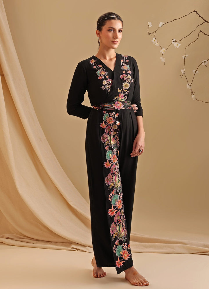 Black Embroidered Chanderi Overlap Jumpsuit With Belt Soup By Sougat Paul - Fabilicious Fashion
