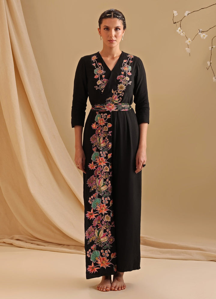 Black Embroidered Chanderi Overlap Jumpsuit With Belt Soup By Sougat Paul - Fabilicious Fashion