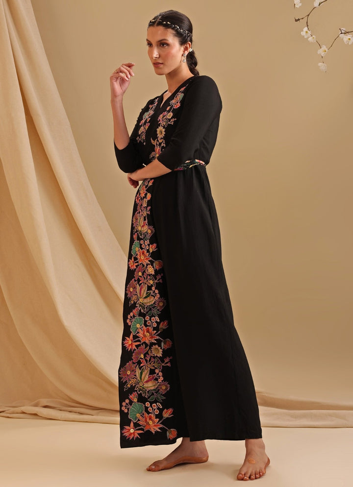 Black Embroidered Chanderi Overlap Jumpsuit With Belt Soup By Sougat Paul - Fabilicious Fashion
