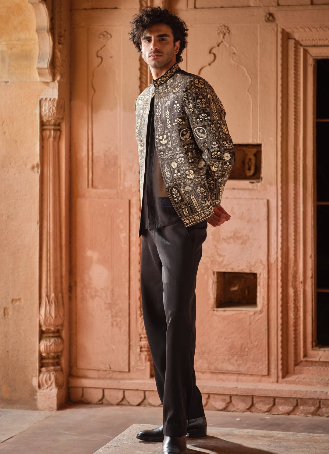 Darzi House Black Embroidered Chanderi Silk Jacket SetFabilicious Fashion