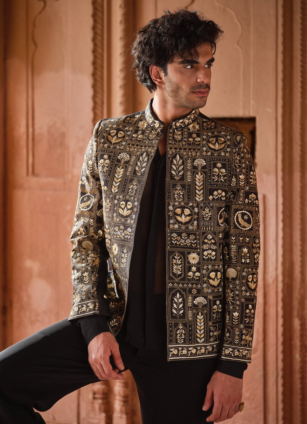 Darzi House Black Embroidered Chanderi Silk Jacket SetFabilicious Fashion