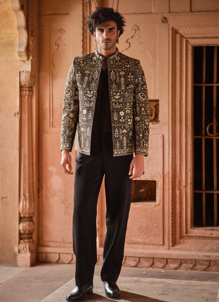 Darzi House Black Embroidered Chanderi Silk Jacket SetFabilicious Fashion
