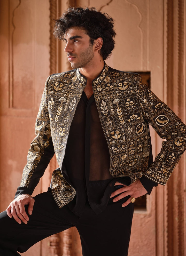 Darzi House Black Embroidered Chanderi Silk Jacket SetFabilicious Fashion