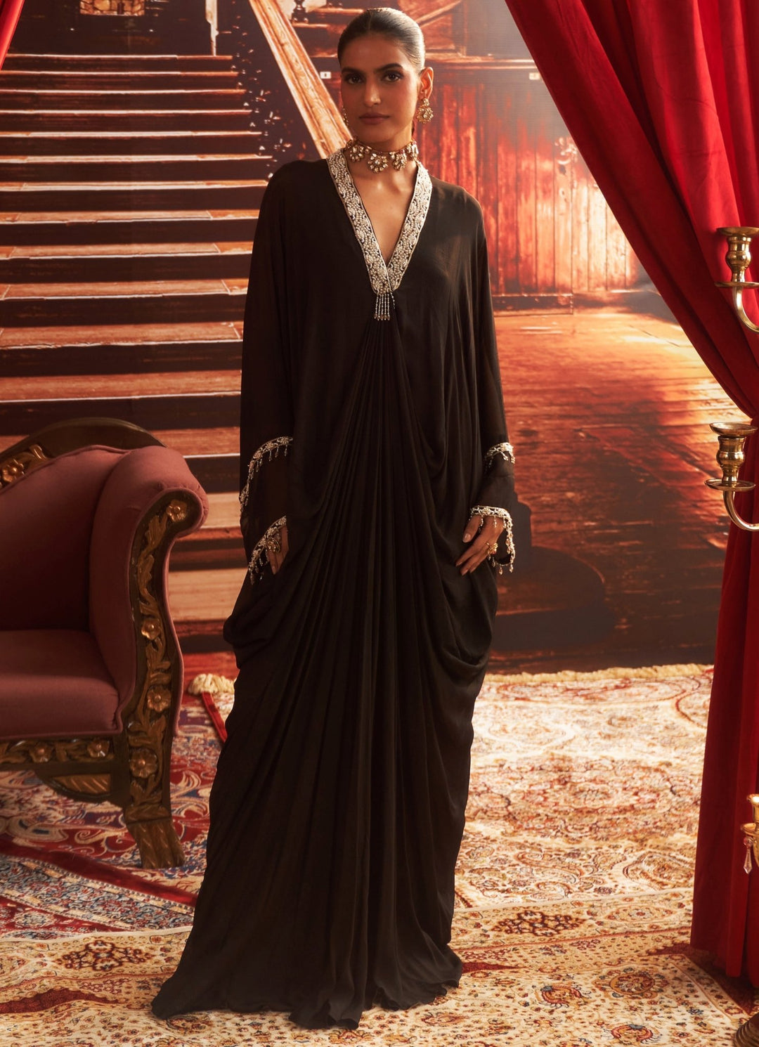 Black Embroidered Chiffon Kaftan Seema Thukral - Fabilicious Fashion