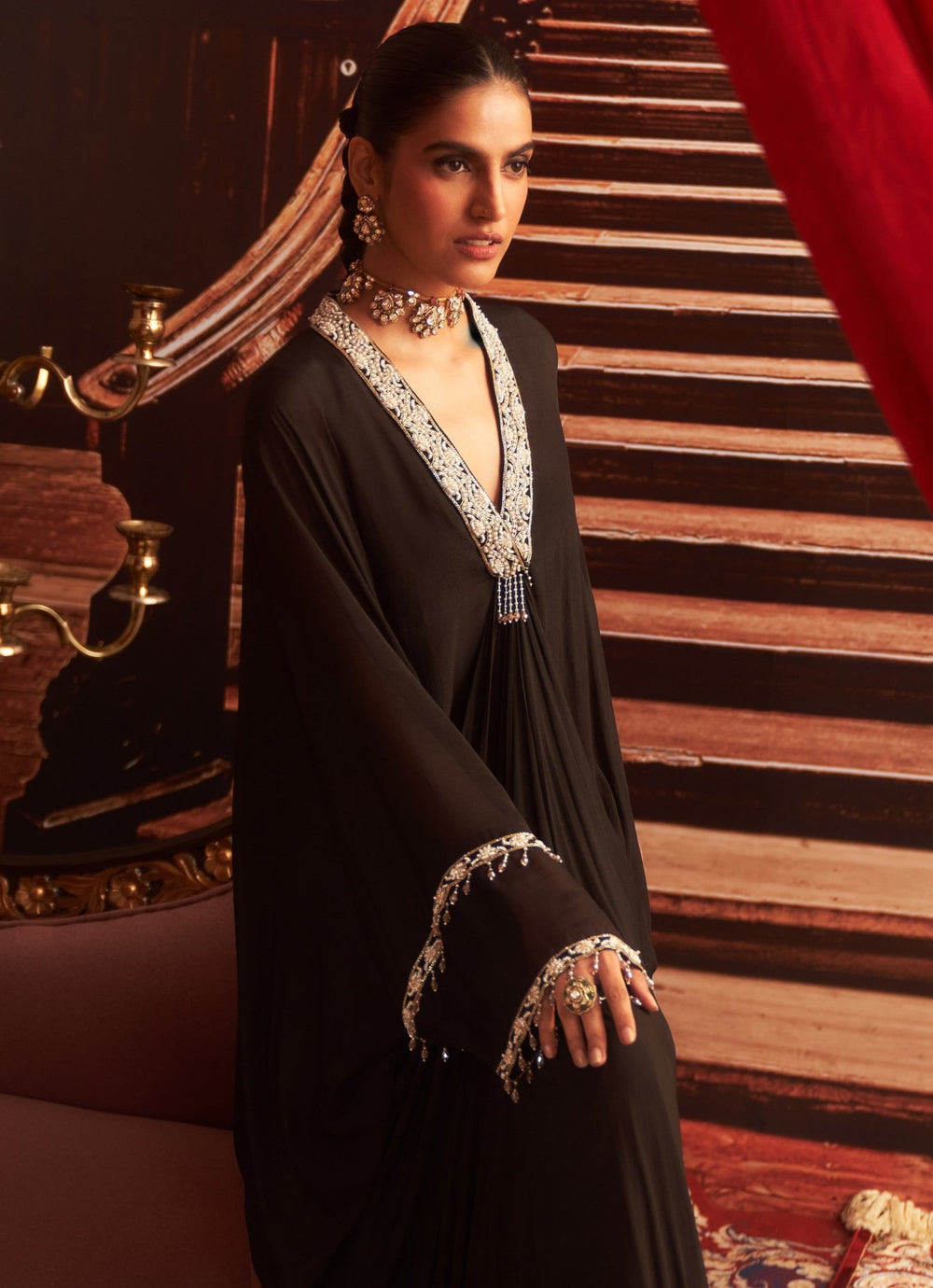 Black Embroidered Chiffon Kaftan Seema Thukral - Fabilicious Fashion