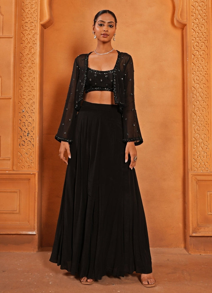 Black Embroidered Crepe Blouse Sharara Set With Jacket Enamour by Radha - Fabilicious Fashion
