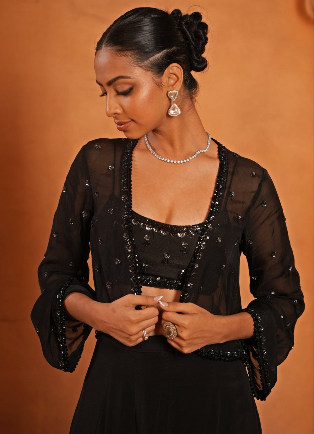 Black Embroidered Crepe Blouse Sharara Set With Jacket Enamour by Radha - Fabilicious Fashion
