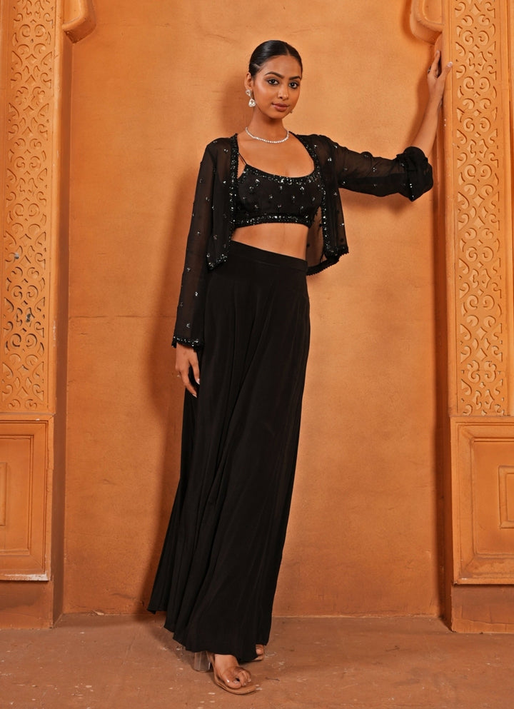 Black Embroidered Crepe Blouse Sharara Set With Jacket Enamour by Radha - Fabilicious Fashion