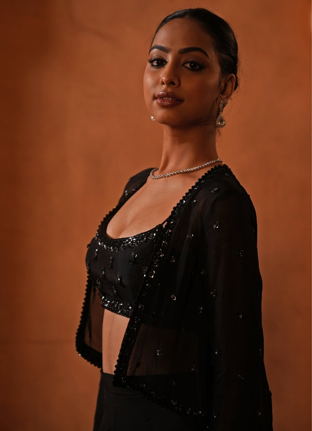 Black Embroidered Crepe Blouse Sharara Set With Jacket Enamour by Radha - Fabilicious Fashion