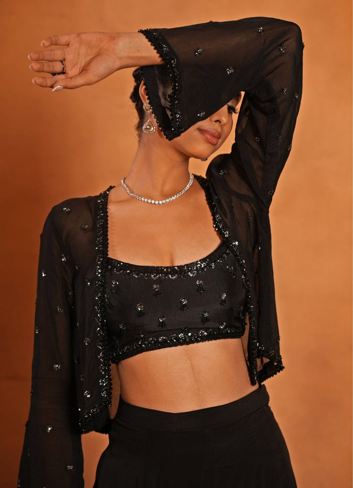 Black Embroidered Crepe Blouse Sharara Set With Jacket Enamour by Radha - Fabilicious Fashion
