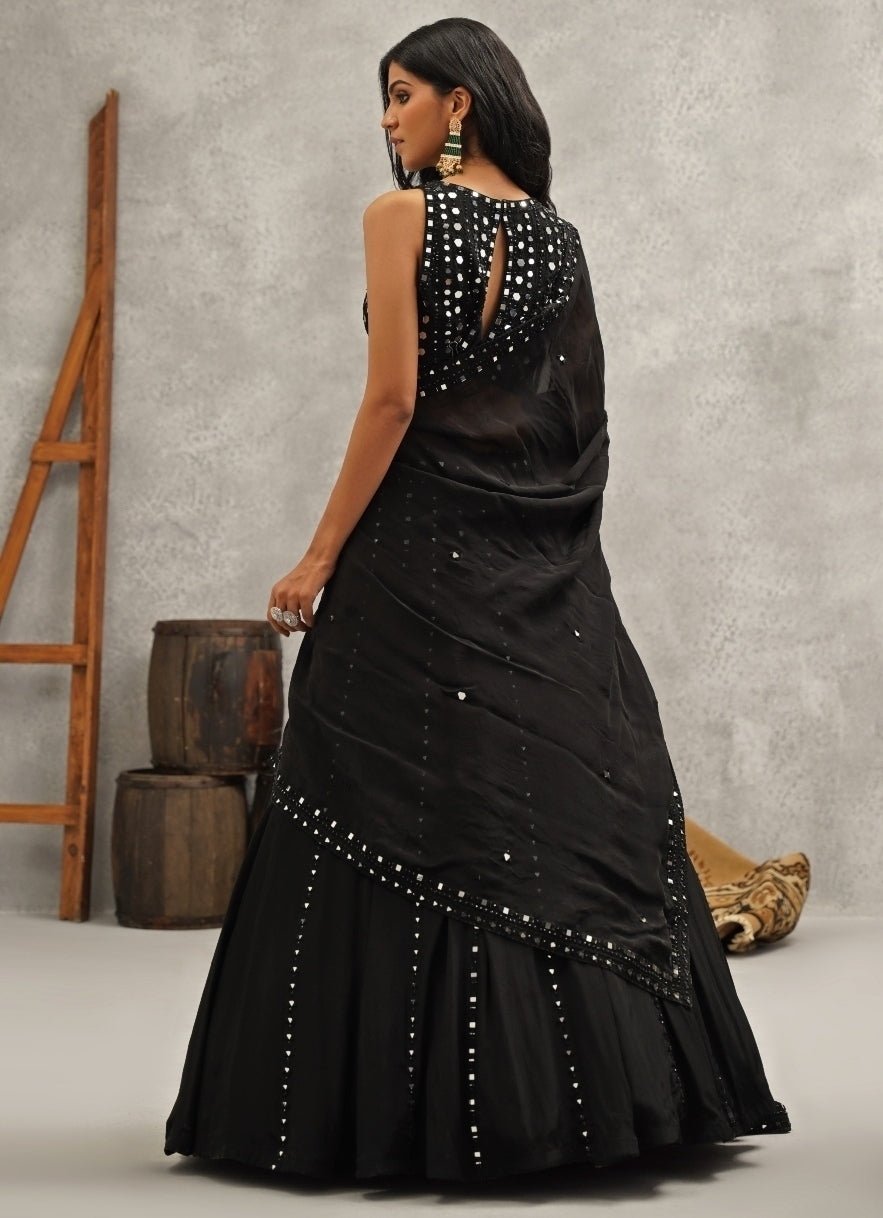Black Embroidered Crepe Lehenga Set Kapda Dori - Fabilicious Fashion