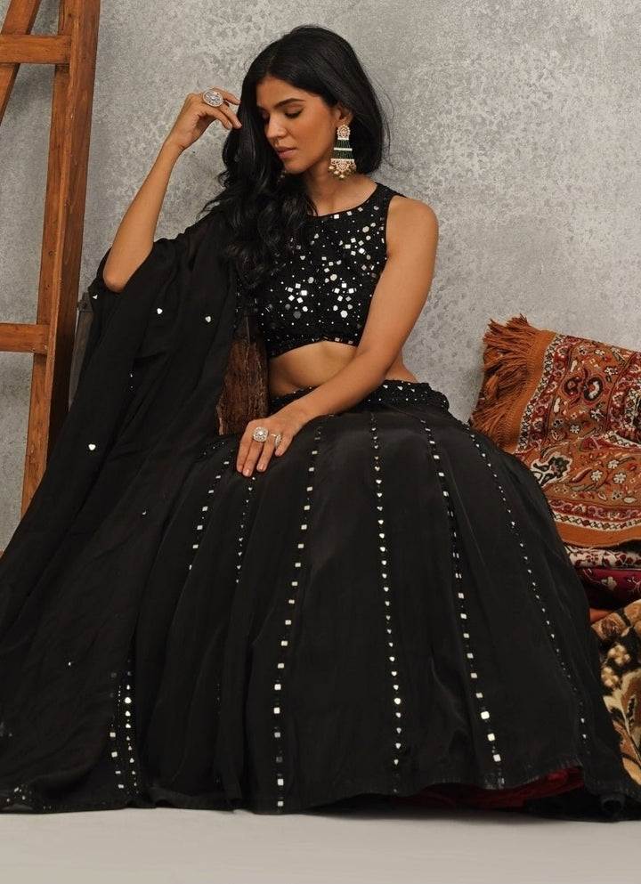 Black Embroidered Crepe Lehenga Set Kapda Dori - Fabilicious Fashion