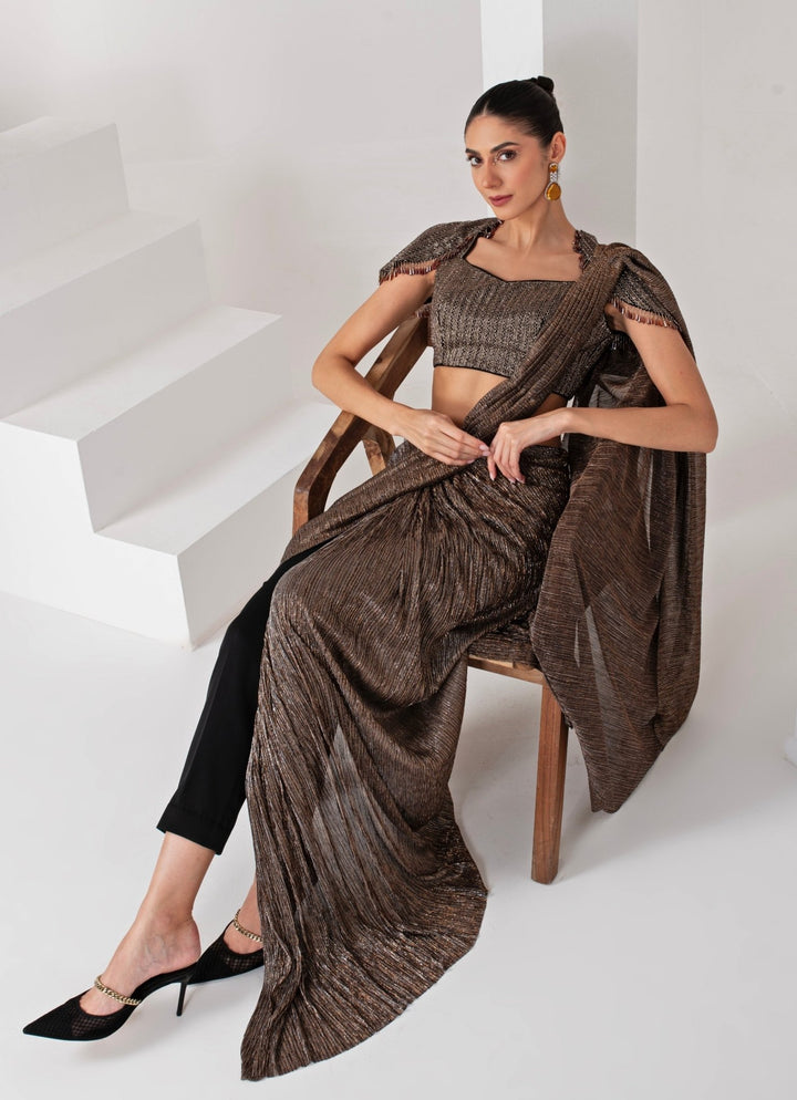 Black Embroidered Crepe Pant Saree Set Akara - Fabilicious Fashion
