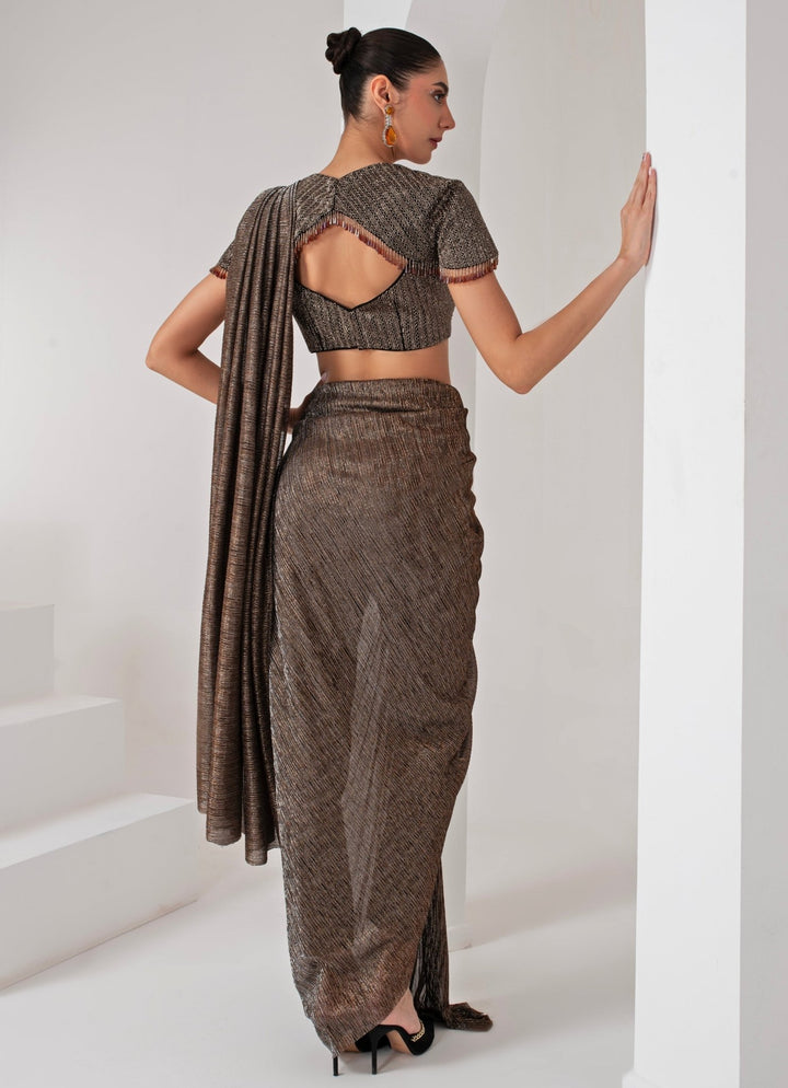 Black Embroidered Crepe Pant Saree Set Akara - Fabilicious Fashion