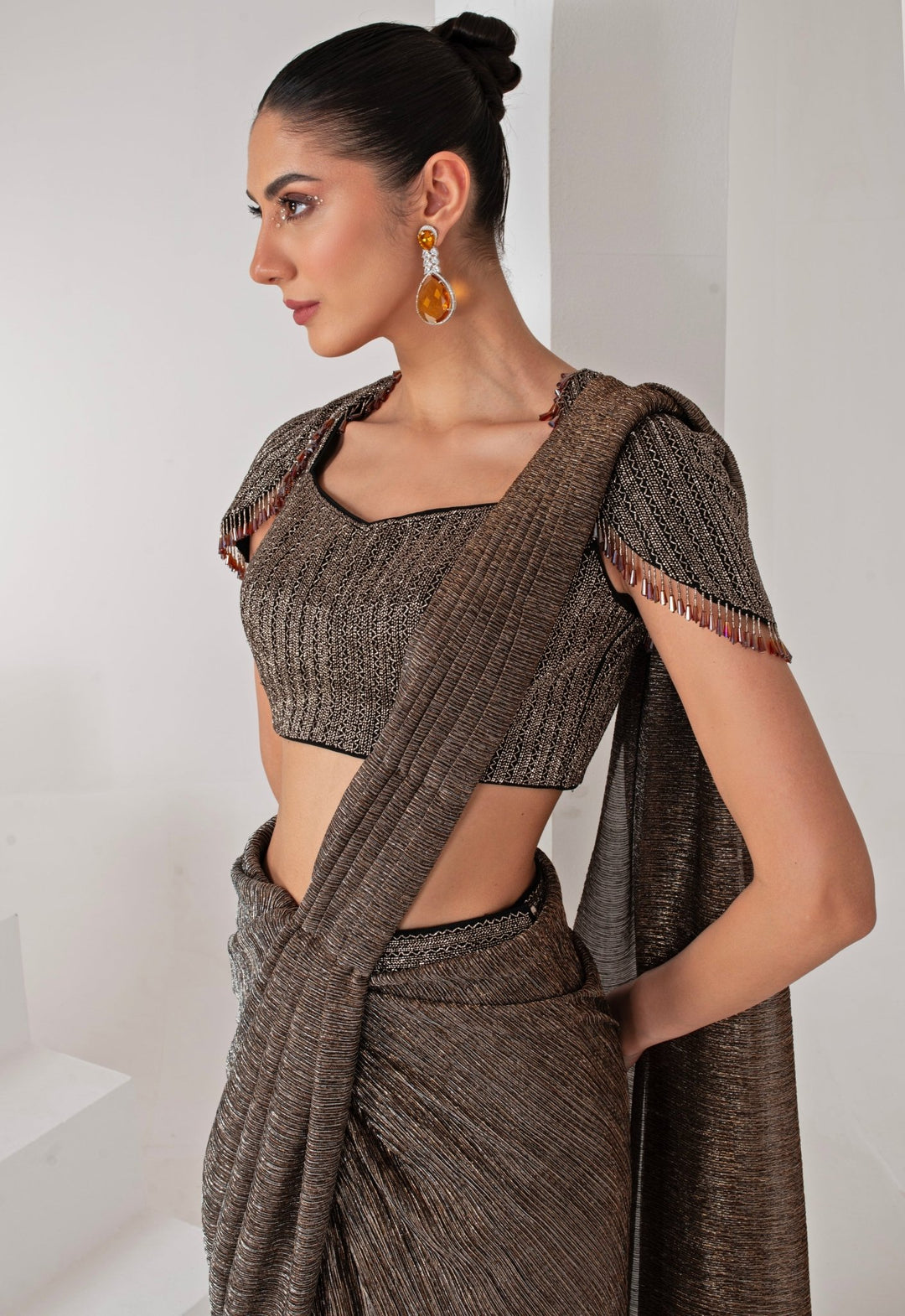 Black Embroidered Crepe Pant Saree Set Akara - Fabilicious Fashion