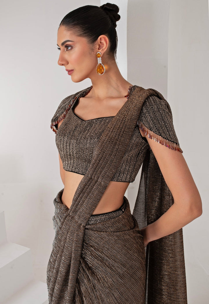 Black Embroidered Crepe Pant Saree Set Akara - Fabilicious Fashion