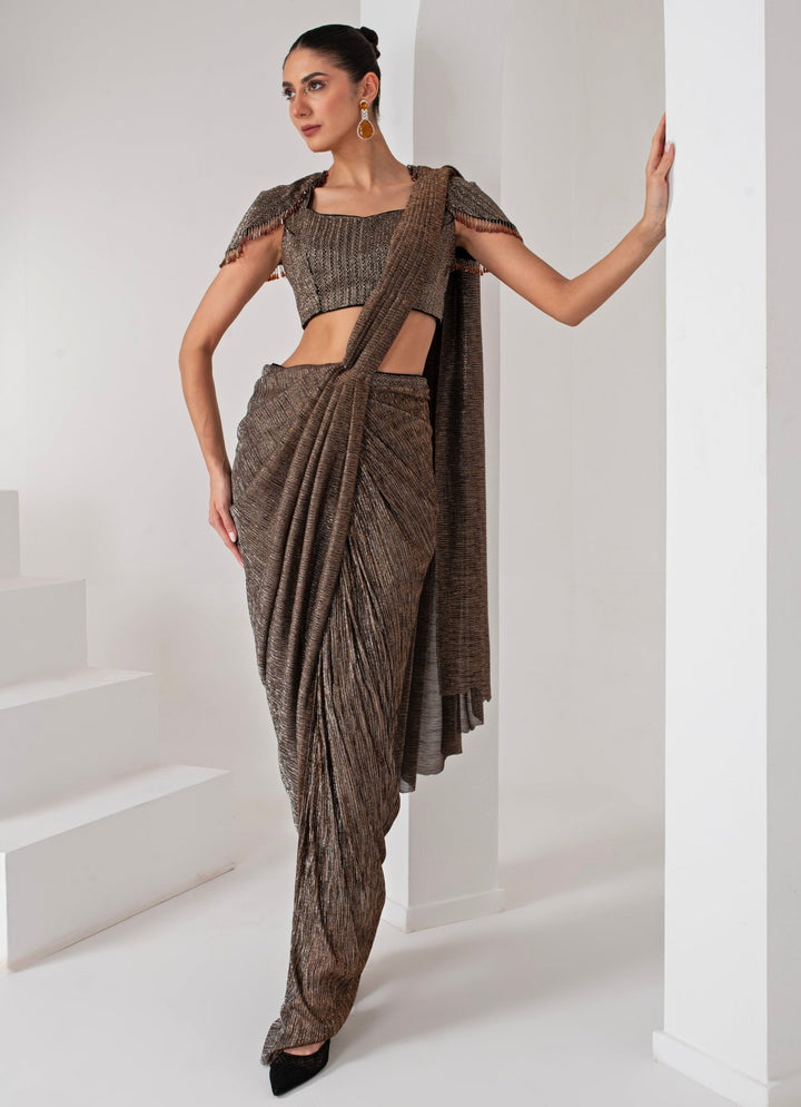 Black Embroidered Crepe Pant Saree Set Akara - Fabilicious Fashion