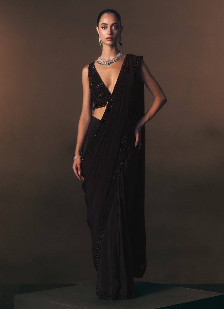Angad Singh Black Embroidered Crepe Pre-Draped SareeFabilicious Fashion