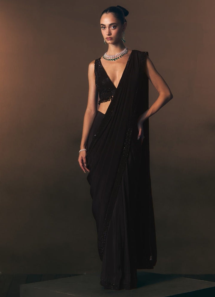 Angad Singh Black Embroidered Crepe Pre-Draped SareeFabilicious Fashion