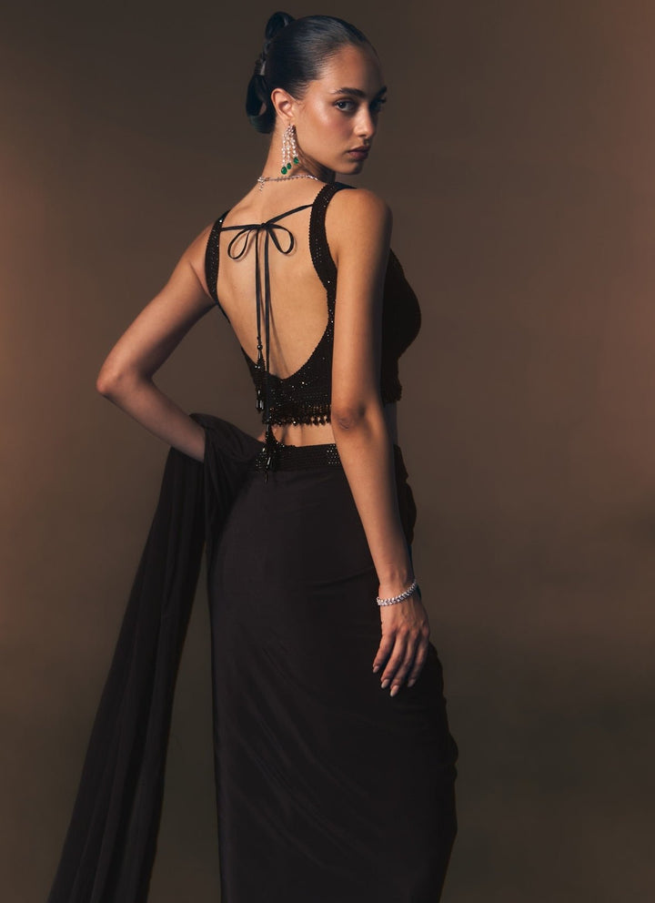 Angad Singh Black Embroidered Crepe Pre-Draped SareeFabilicious Fashion
