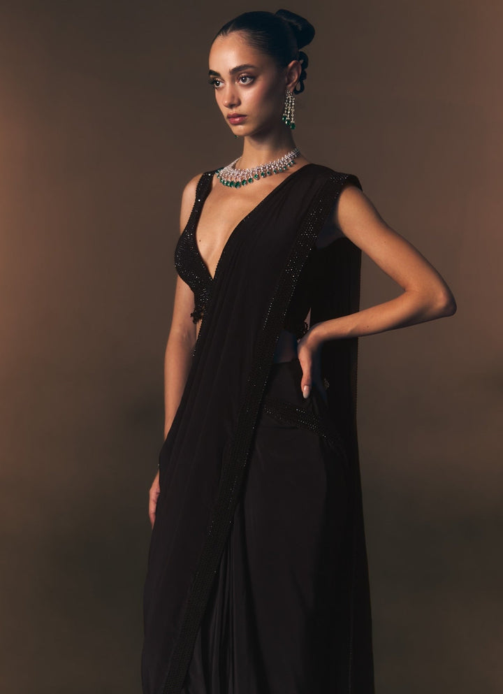 Angad Singh Black Embroidered Crepe Pre-Draped SareeFabilicious Fashion
