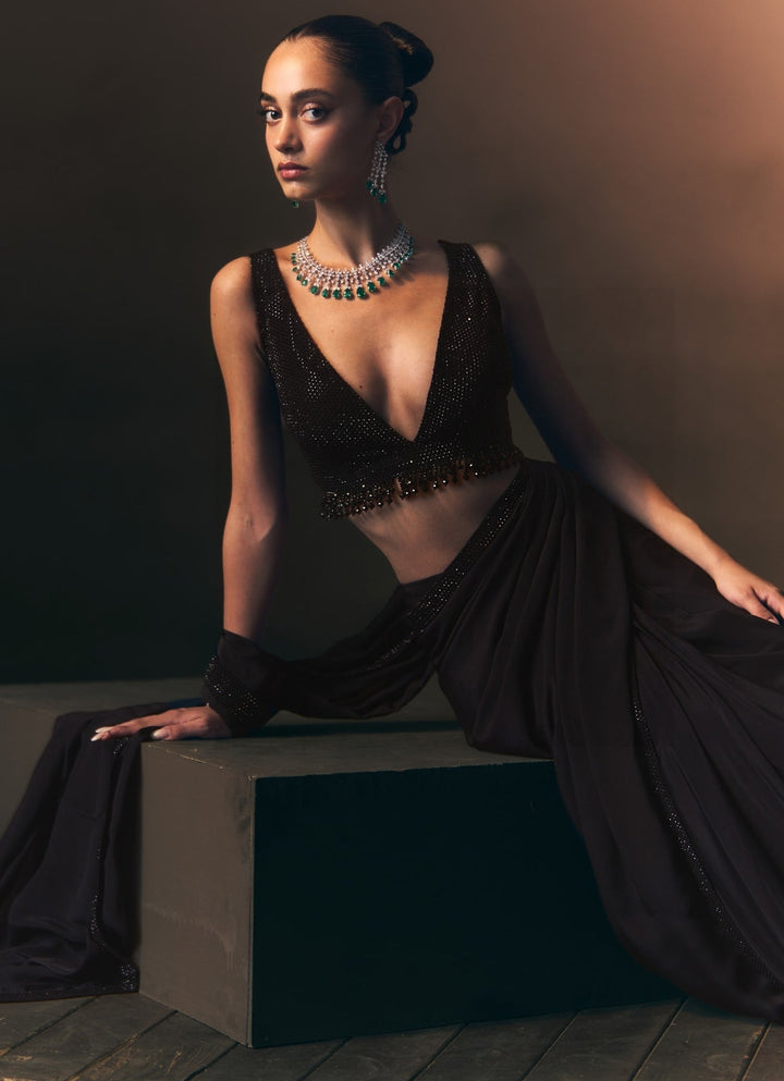 Angad Singh Black Embroidered Crepe Pre-Draped SareeFabilicious Fashion