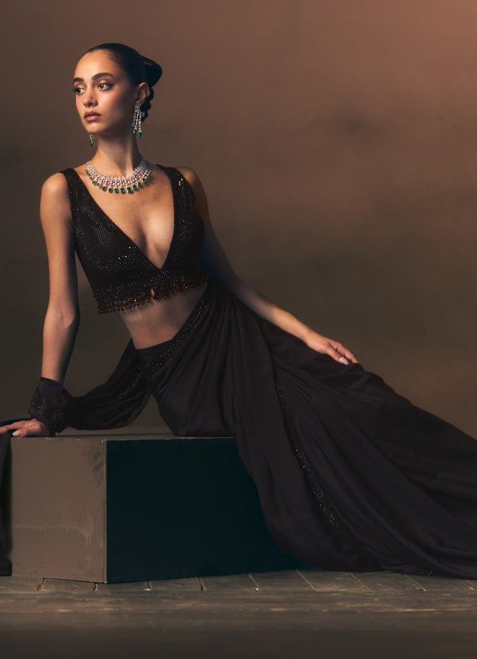 Angad Singh Black Embroidered Crepe Pre-Draped SareeFabilicious Fashion