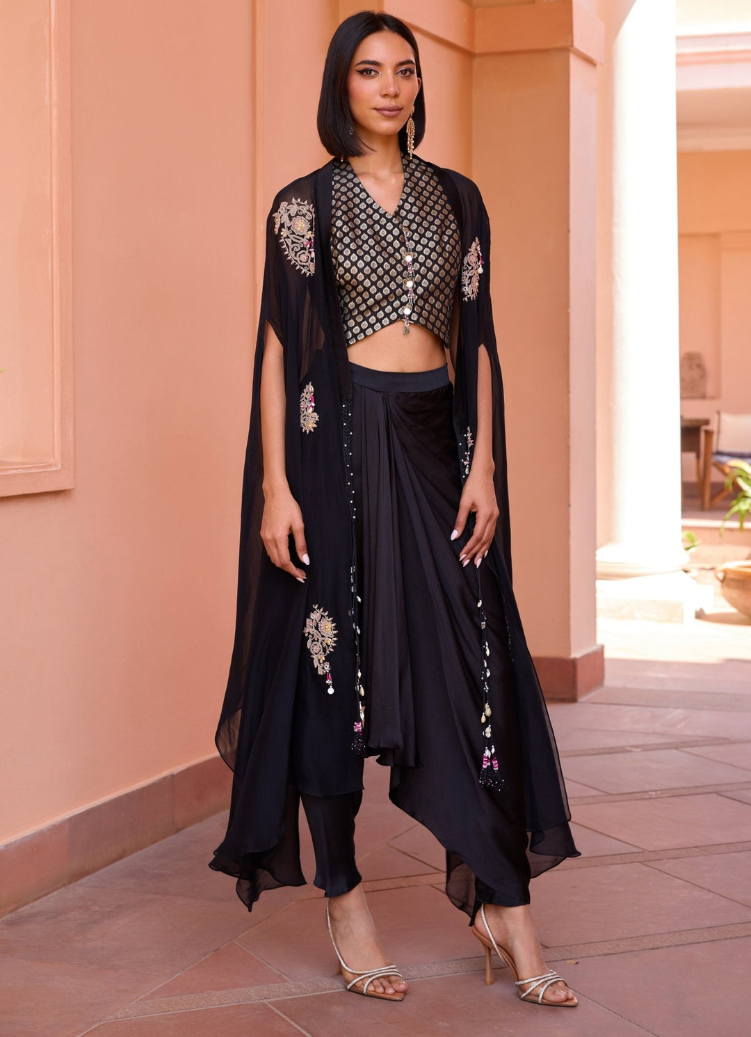 Black Embroidered Drape Skirt Set With Cape Isha Gupta Tayal - Fabilicious Fashion