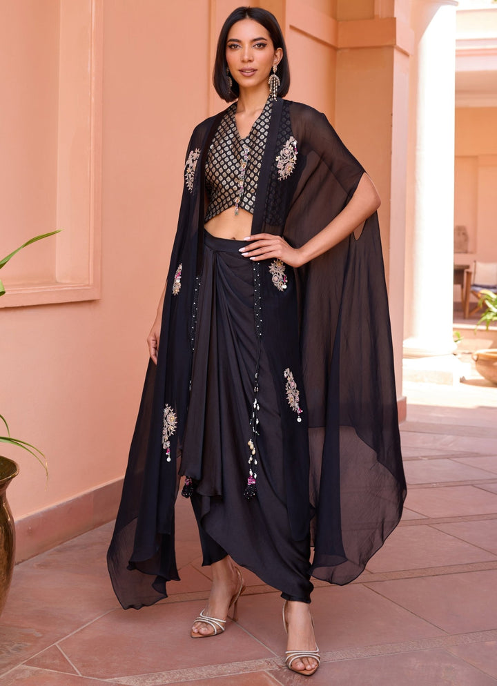 Black Embroidered Drape Skirt Set With Cape Isha Gupta Tayal - Fabilicious Fashion