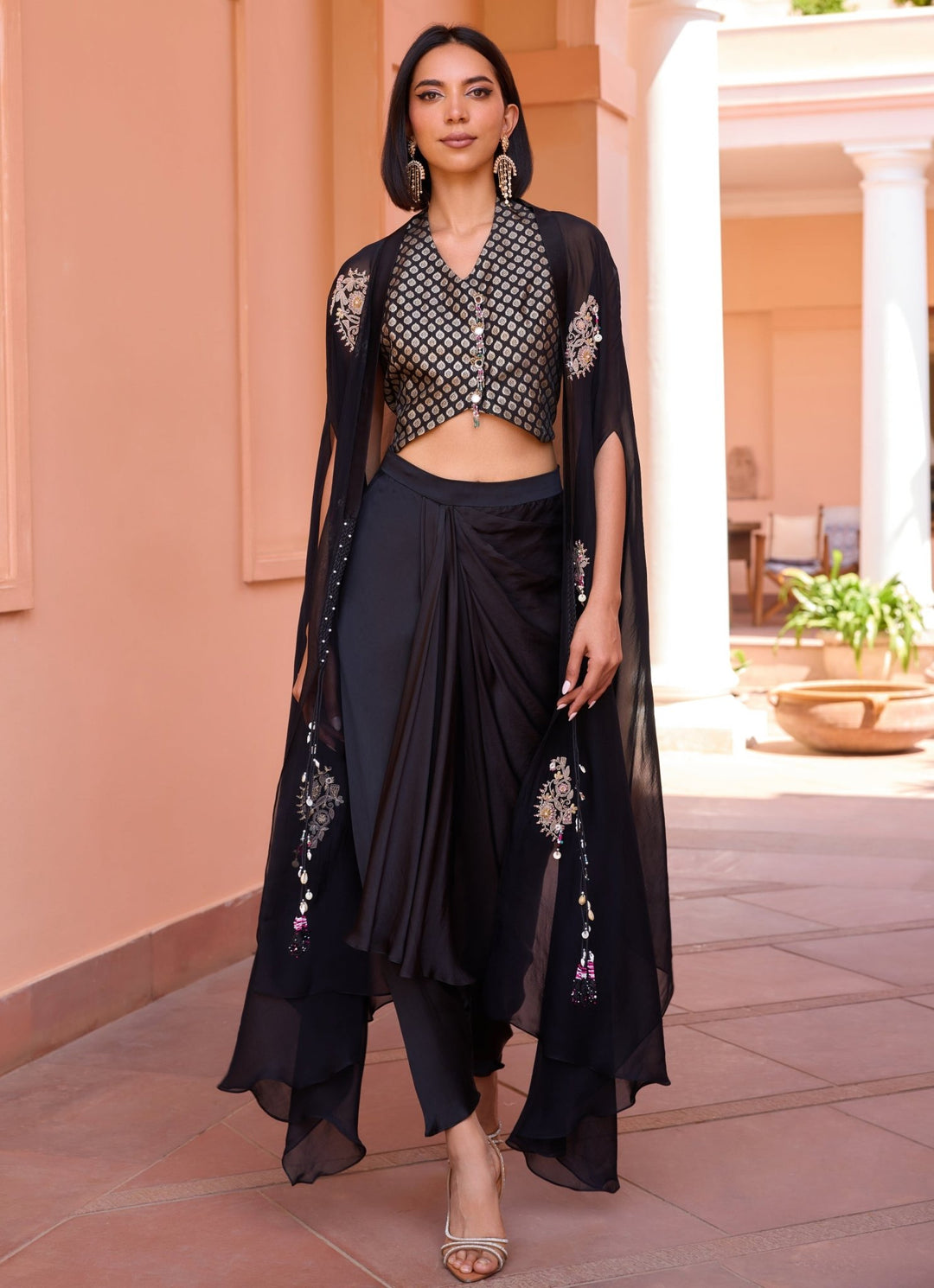Black Embroidered Drape Skirt Set With Cape Isha Gupta Tayal - Fabilicious Fashion