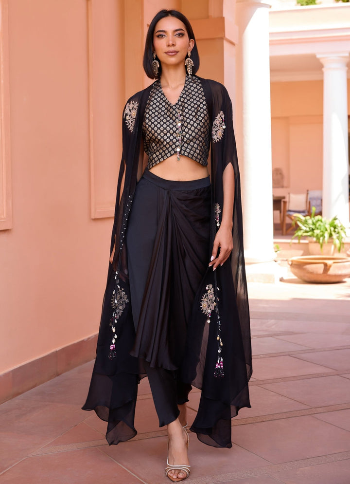 Black Embroidered Drape Skirt Set With Cape Isha Gupta Tayal - Fabilicious Fashion
