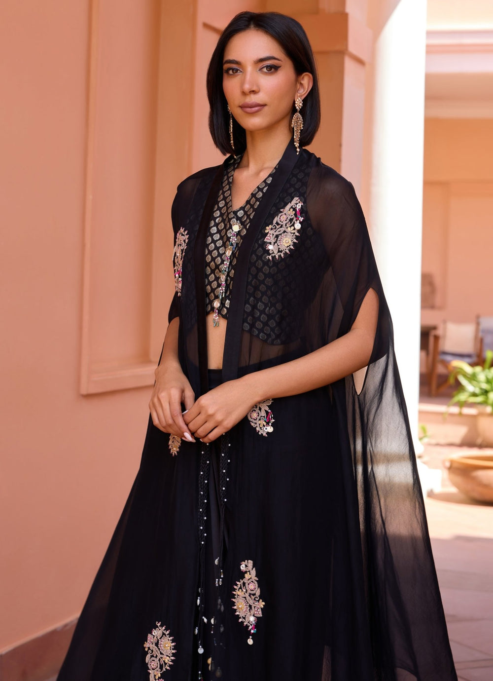 Black Embroidered Drape Skirt Set With Cape Isha Gupta Tayal - Fabilicious Fashion