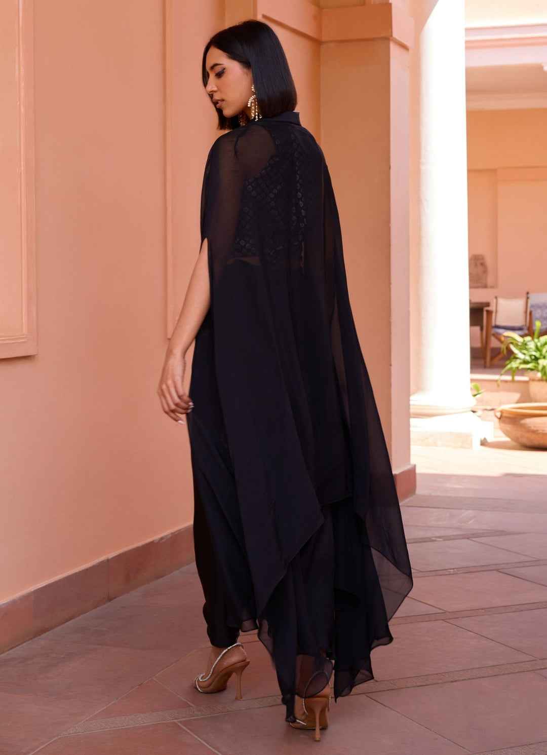 Black Embroidered Drape Skirt Set With Cape Isha Gupta Tayal - Fabilicious Fashion