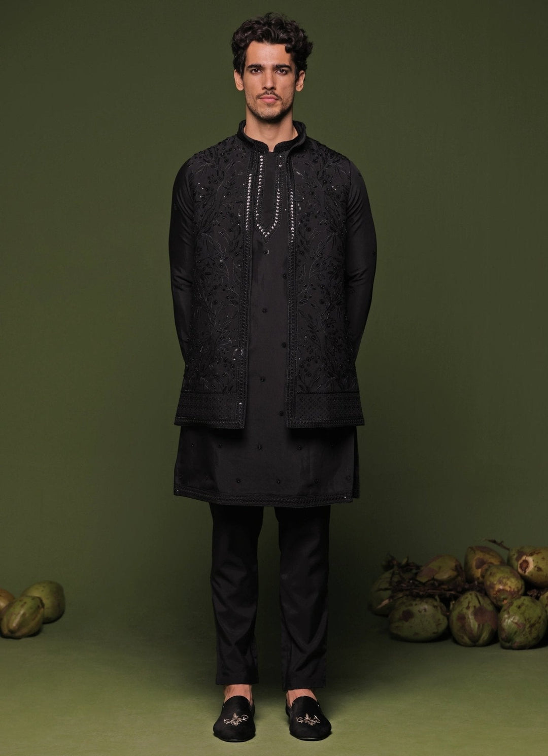 Black Embroidered Georgette Kurta Jacket Set Kalpraag - Fabilicious Fashion