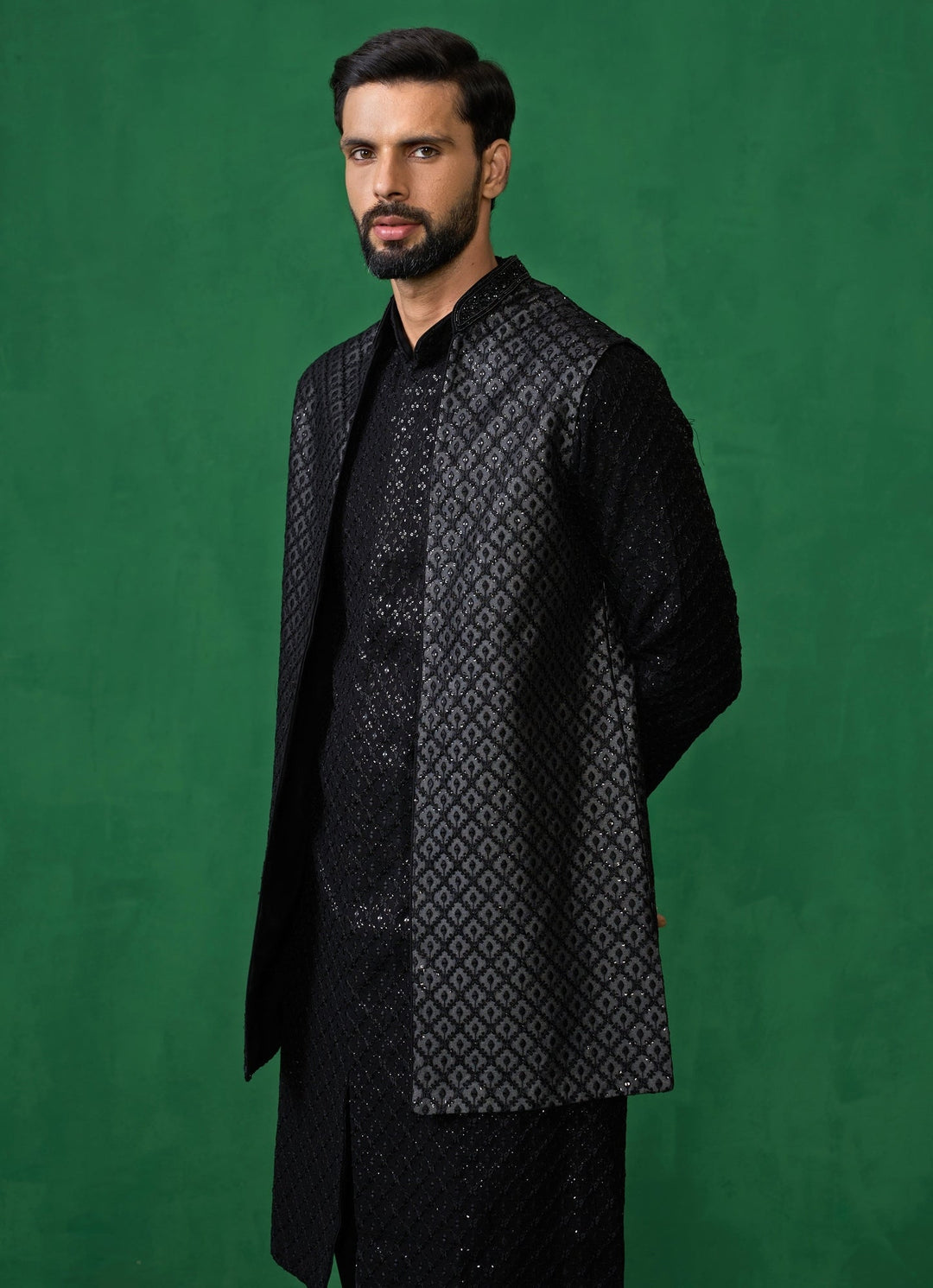 Black Embroidered Georgette Kurta Jacket Set Kalpraag - Fabilicious Fashion