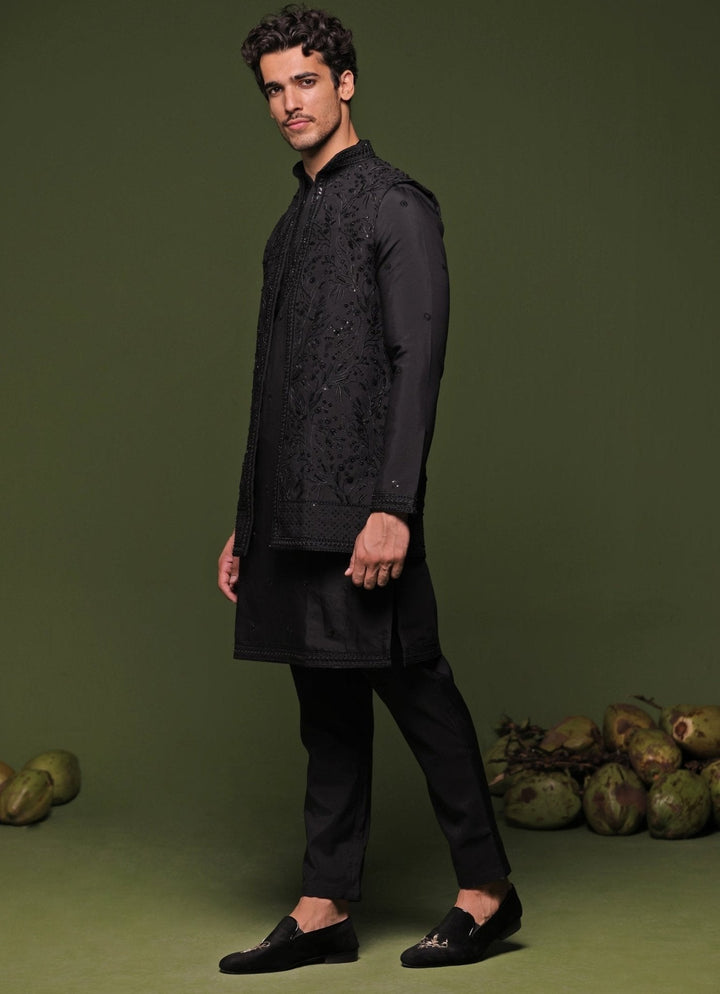 Black Embroidered Georgette Kurta Jacket Set Kalpraag - Fabilicious Fashion