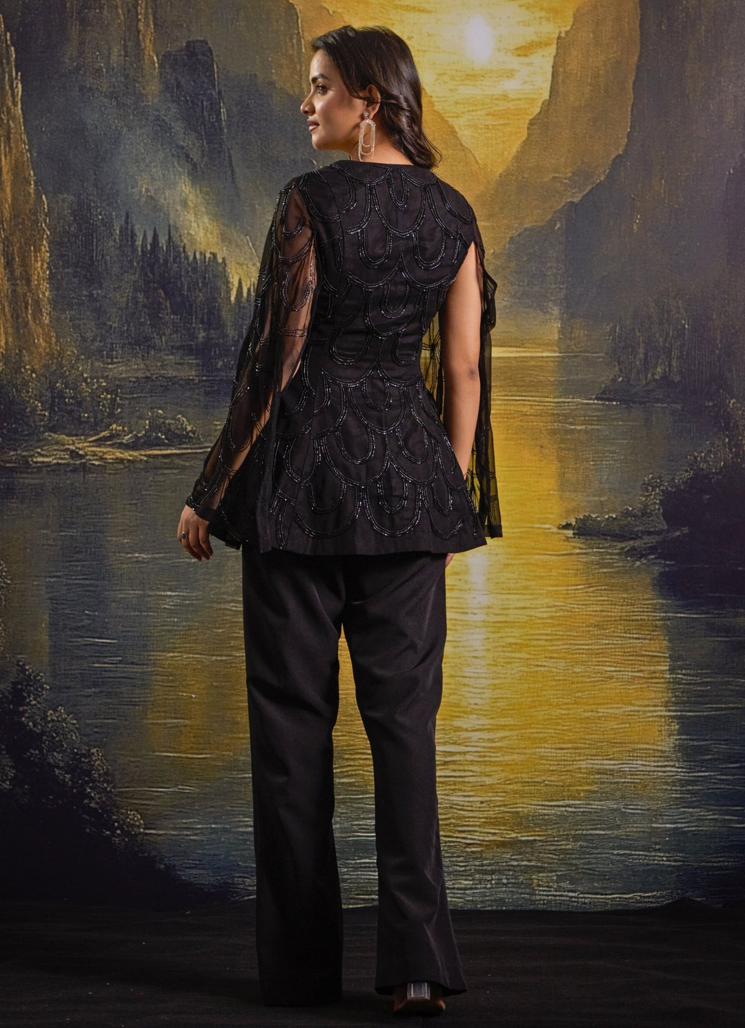 Black Embroidered Georgette Kurta With Flared Pants Rashika Sharma - Fabilicious Fashion