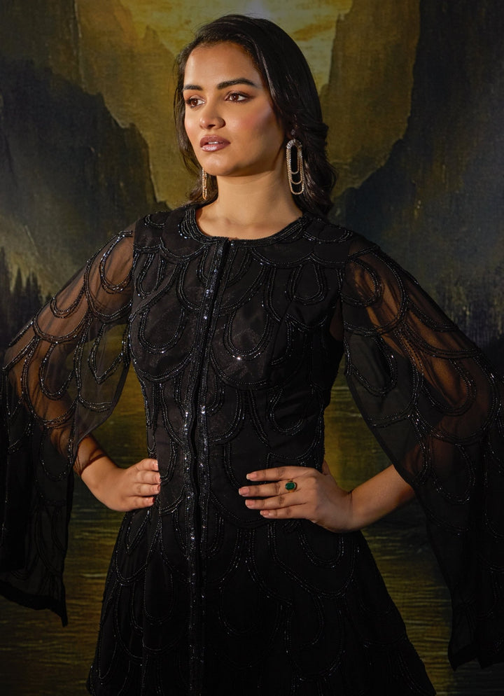 Black Embroidered Georgette Kurta With Flared Pants Rashika Sharma - Fabilicious Fashion