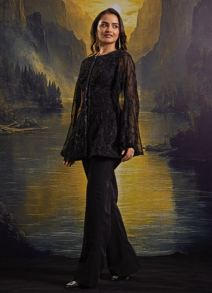 Black Embroidered Georgette Kurta With Flared Pants Rashika Sharma - Fabilicious Fashion