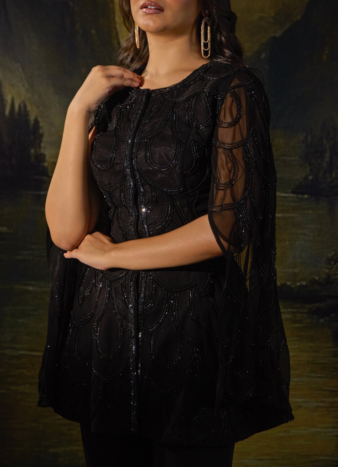 Black Embroidered Georgette Kurta With Flared Pants Rashika Sharma - Fabilicious Fashion