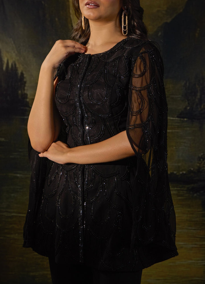 Black Embroidered Georgette Kurta With Flared Pants Rashika Sharma - Fabilicious Fashion