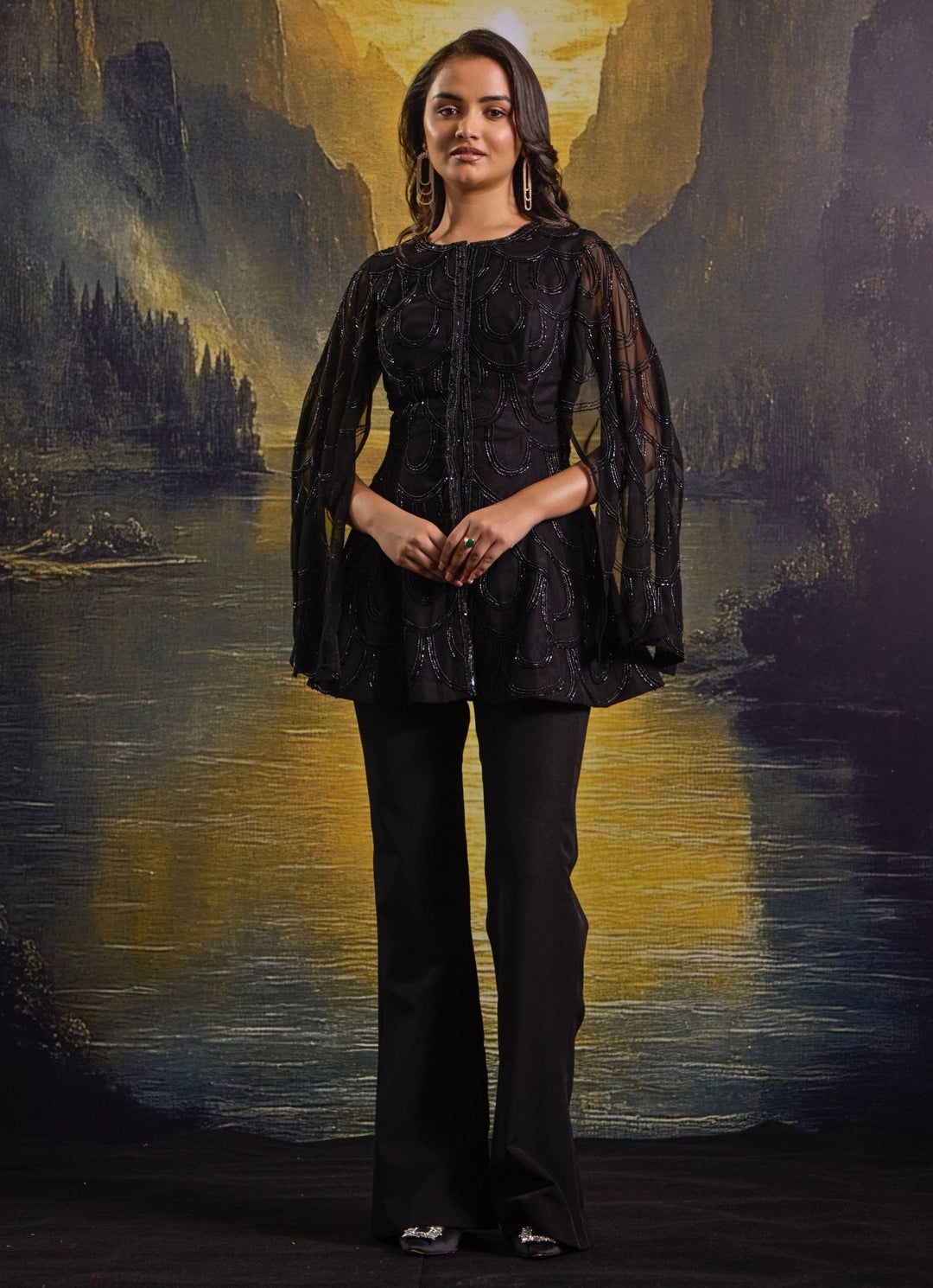 Black Embroidered Georgette Kurta With Flared Pants Rashika Sharma - Fabilicious Fashion