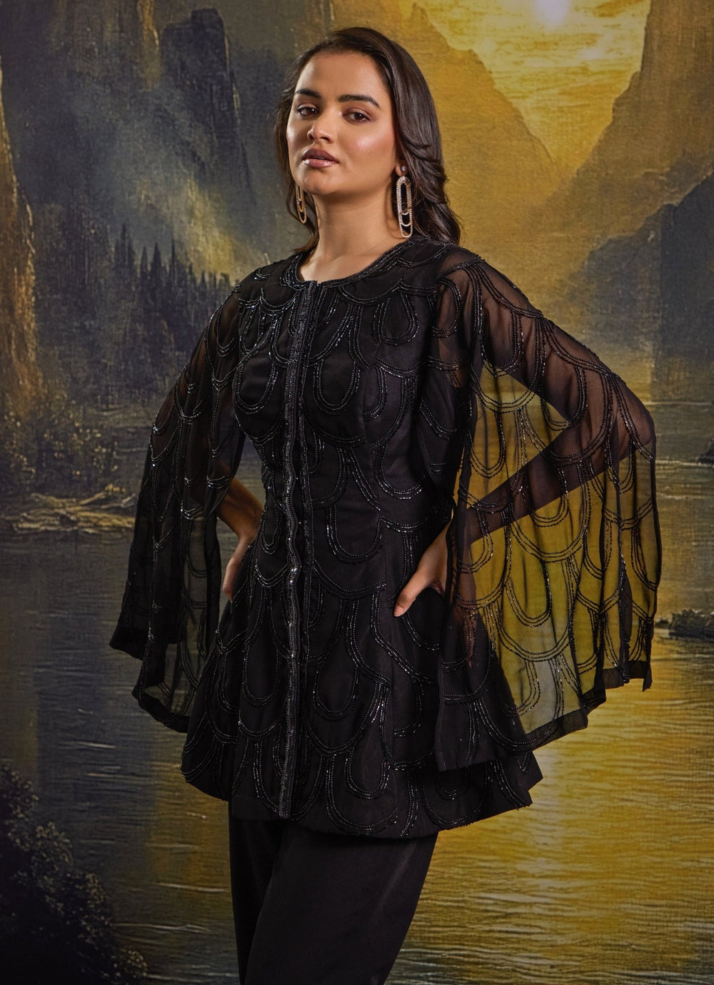 Black Embroidered Georgette Kurta With Flared Pants Rashika Sharma - Fabilicious Fashion