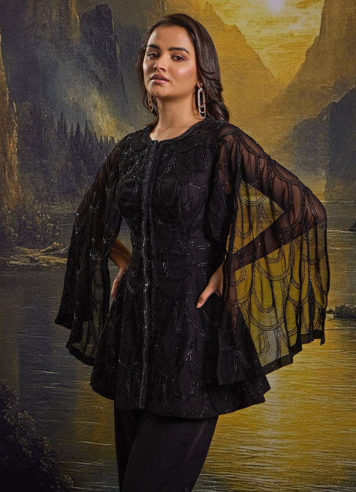 Black Embroidered Georgette Kurta With Flared Pants Rashika Sharma - Fabilicious Fashion