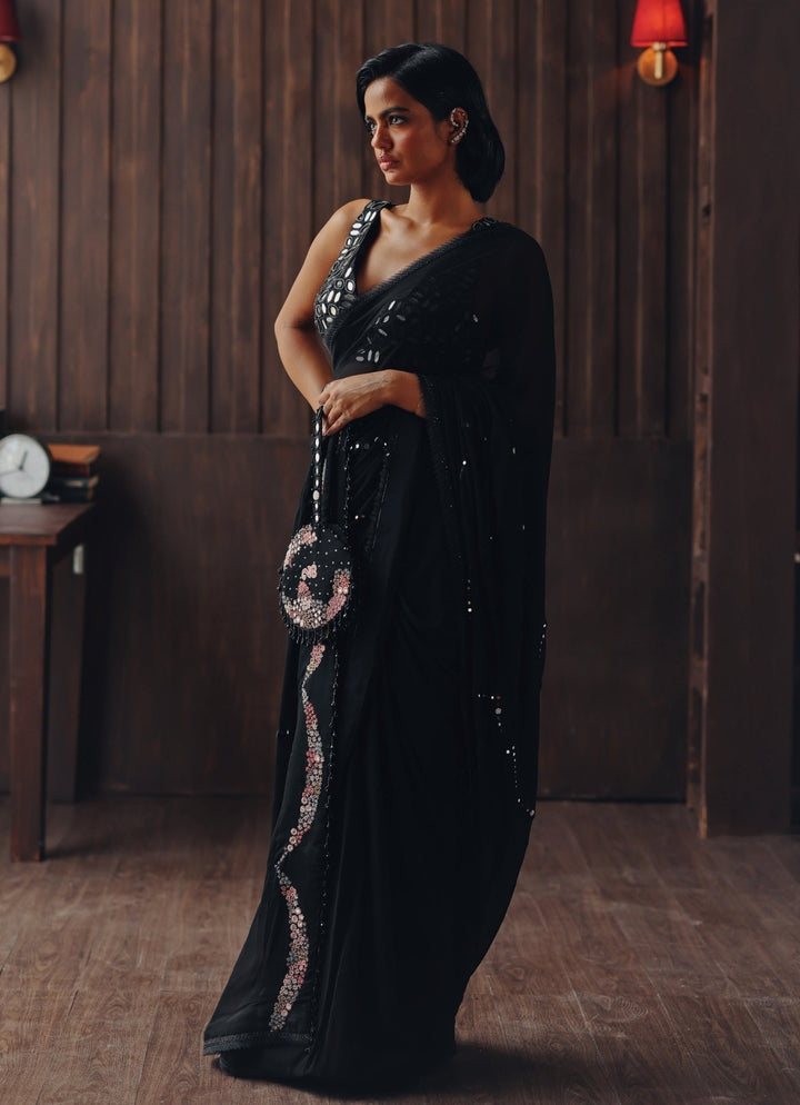 Black Embroidered Georgette Saree Twenty Nine - Fabilicious Fashion